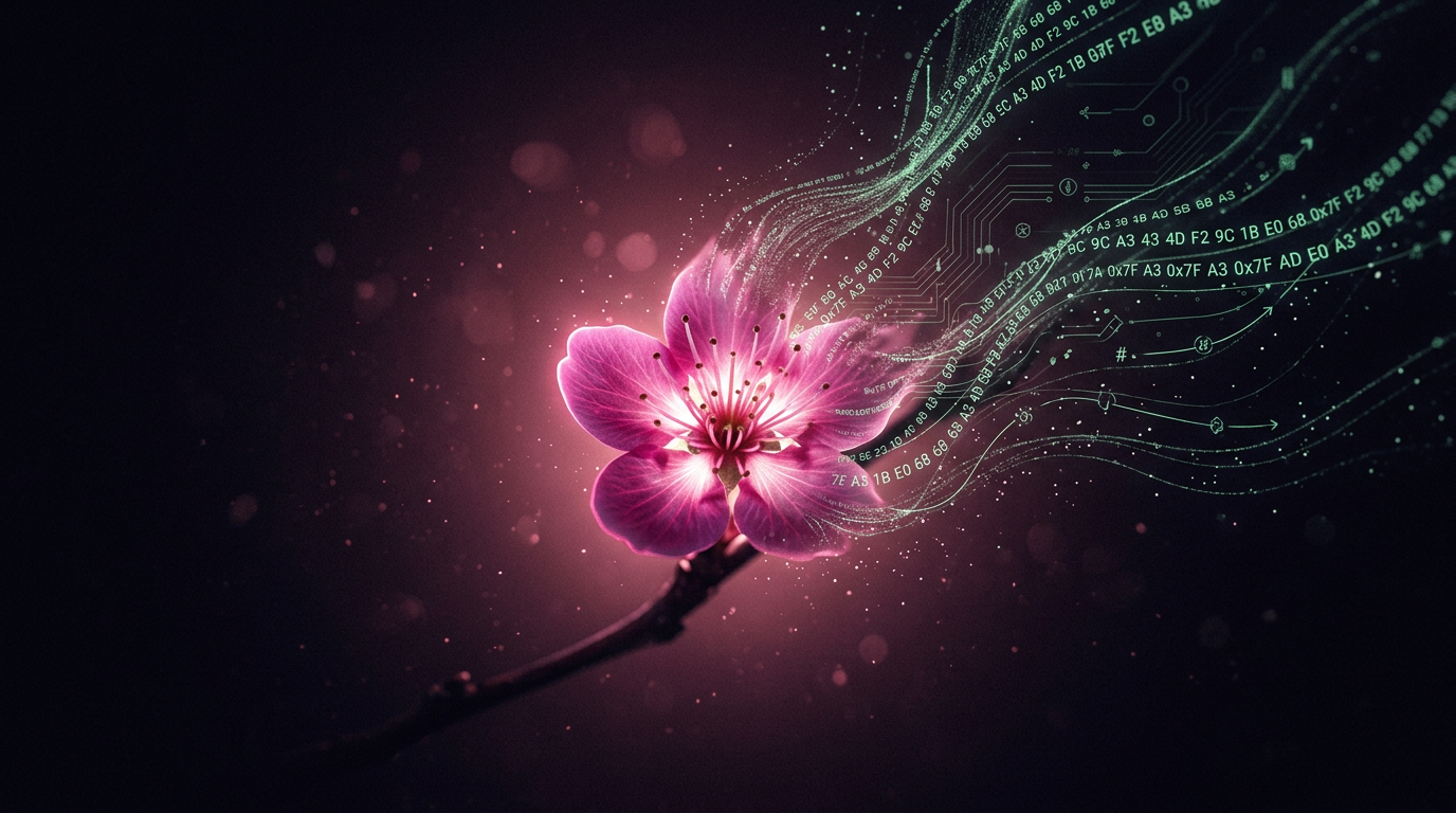A magenta sakura blossom dissolving into mint-green cryptographic data